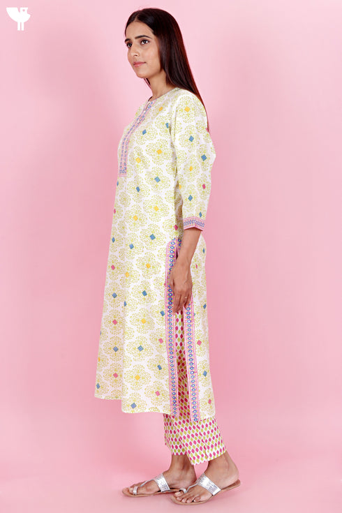 Cambric Cotton Kurta And Pant Set With Kota Dupatta In Block Print